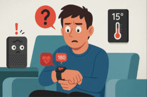 Homme inquiet avec montre connectée.