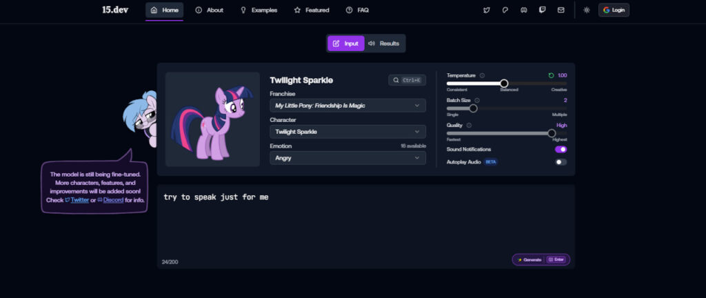 Tu veux faire parler GLaDOS, Twilight Sparkle ou Solid Snake avec ta fanfic ? Bienvenue dans le monde semi-secret de 15.dev, la voix des personnages. 1 15dev