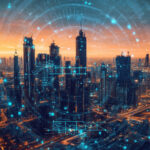 Modern skyline with digital overlays at sunset in a bustling metropolis