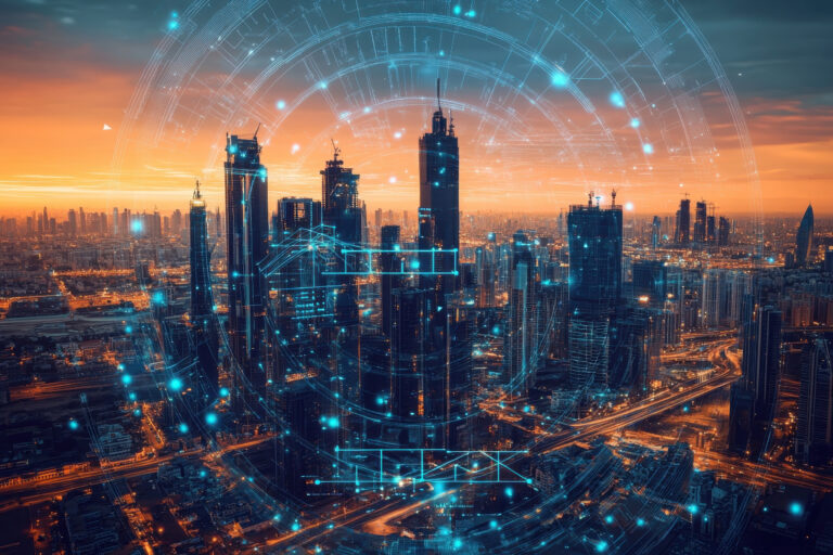 Modern skyline with digital overlays at sunset in a bustling metropolis