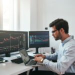 Workplace of trader. Young bearded trader wearing eyeglasses using his laptop while sitting in office in front of computer screens with trading charts and financial data