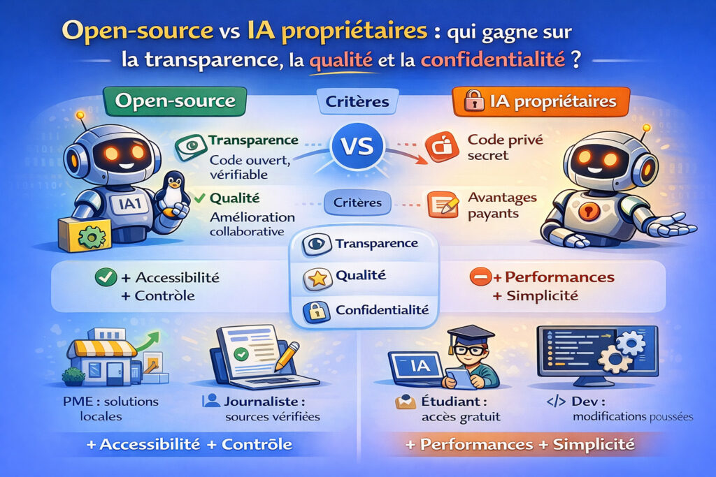 Open-source vs IA propriétaires : qui gagne sur la transparence, la qualité et la confidentialité ? 1 ia opensources vs proprietaires