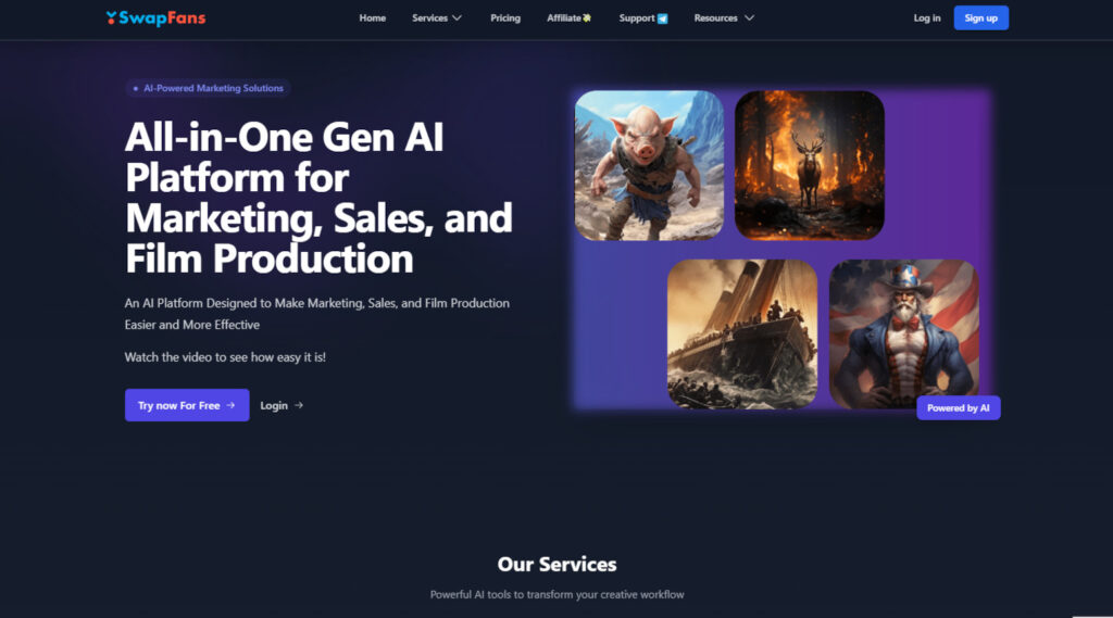 SwapFans AI : une plateforme en ligne de création visuelle, avec remplacement de visage (image, GIF, vidéo) et paiement par jetons 1 swapfans
